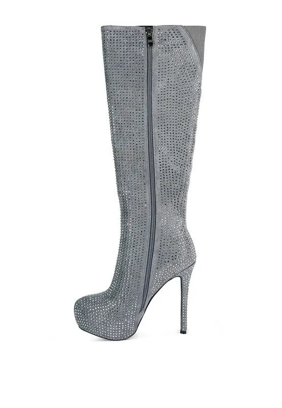 Black Rhinestone Embellished Stiletto Calf Boots