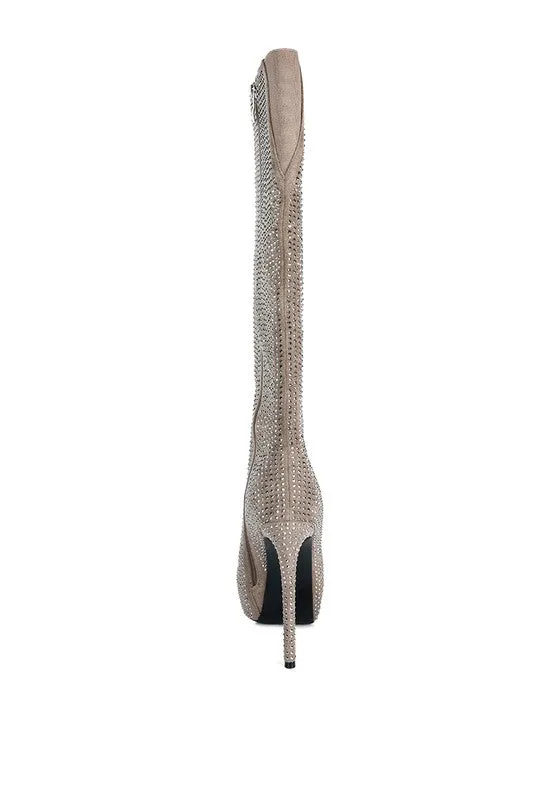 Black Rhinestone Embellished Stiletto Calf Boots