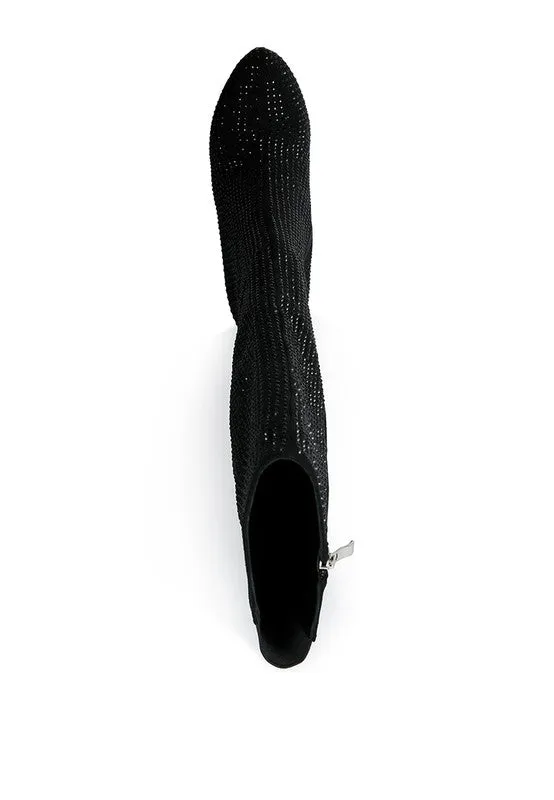 Black Rhinestone Embellished Stiletto Calf Boots