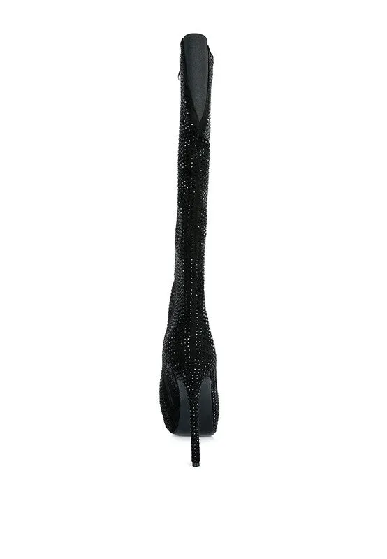 Black Rhinestone Embellished Stiletto Calf Boots