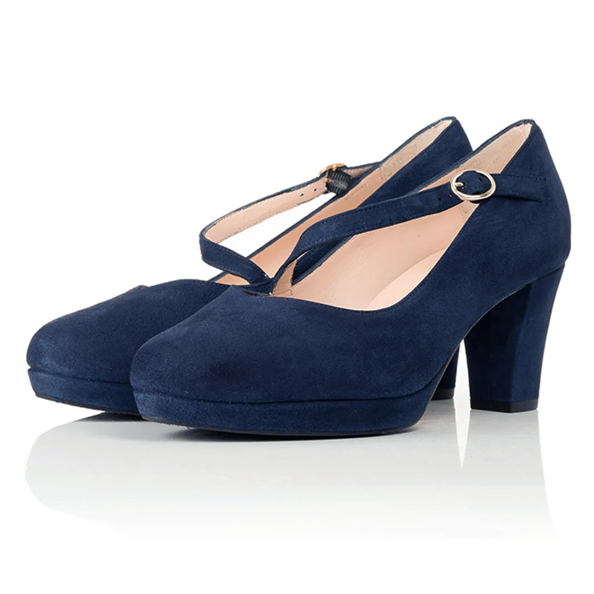 Clare Wide Fit Platform Courts - Navy Suede