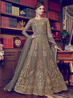 Coral Grey Embroidered Designer Bridal Anarkali Suit