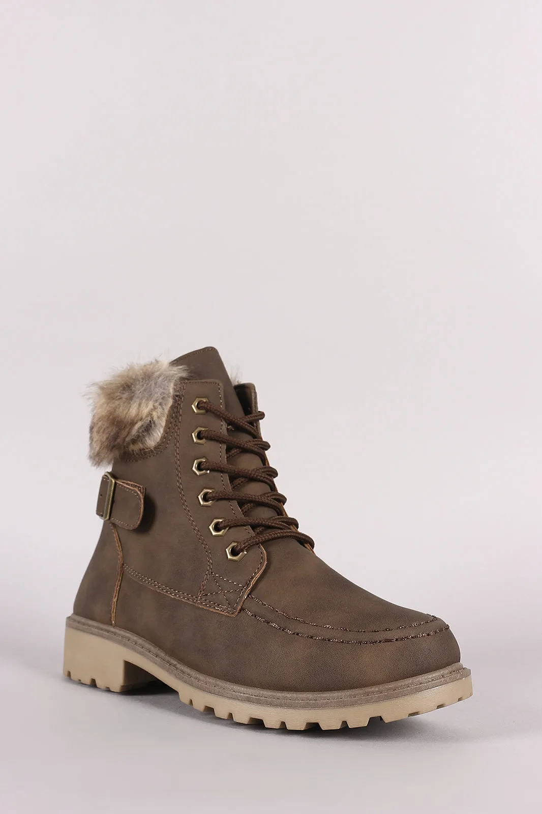 Faux Fur Trim Combat Lace-Up Ankle Boots