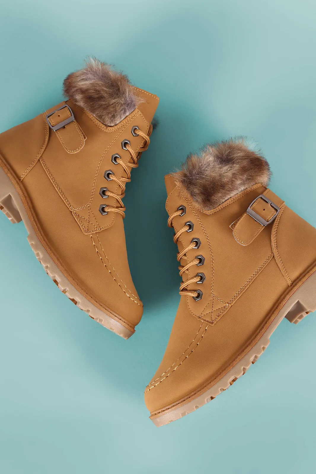 Faux Fur Trim Combat Lace-Up Ankle Boots