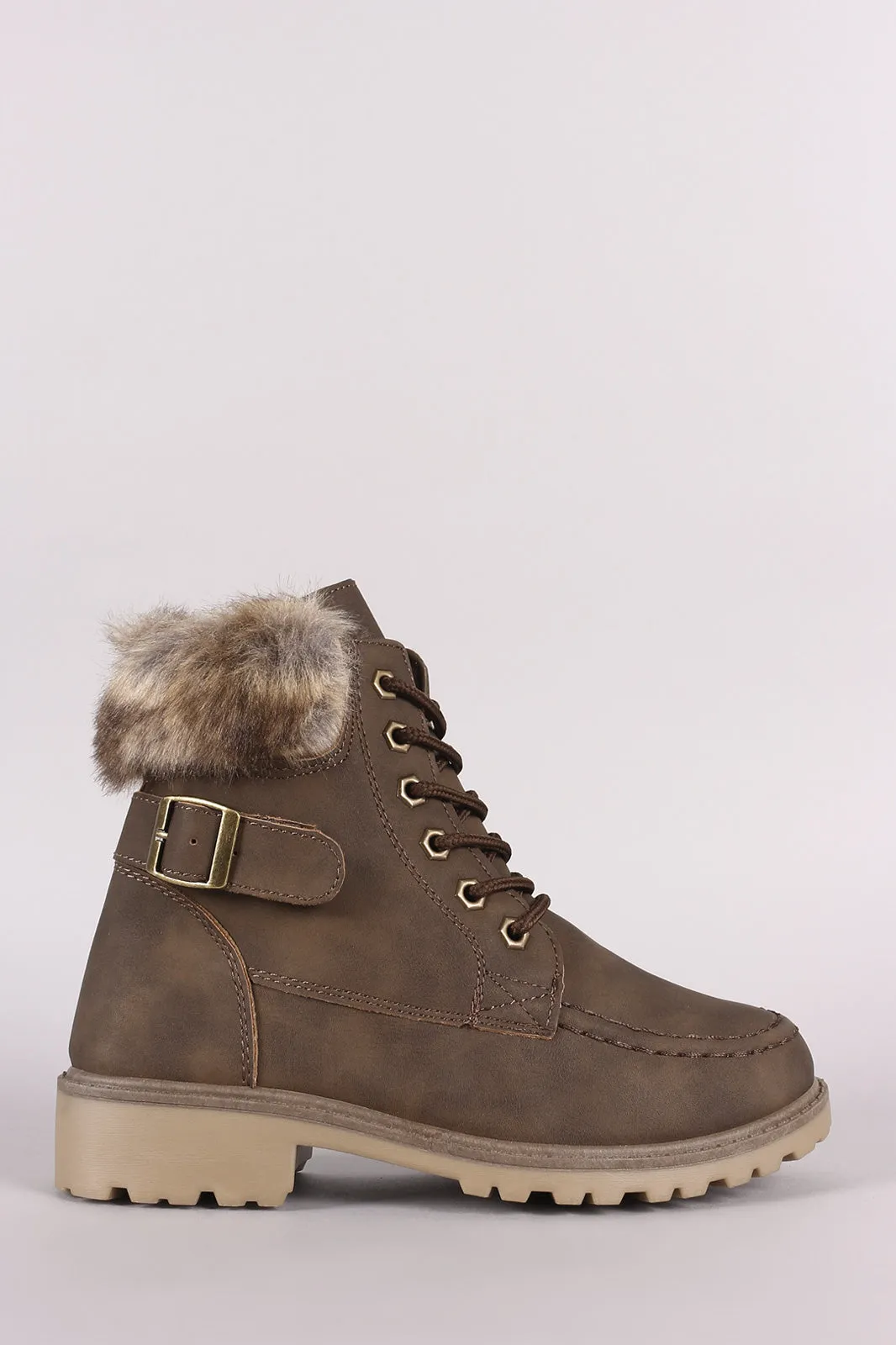 Faux Fur Trim Combat Lace-Up Ankle Boots