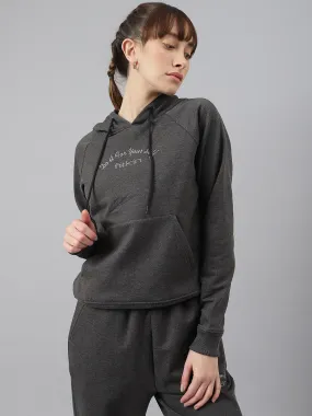 Fitkin Women Grey Fleece Regular Fit Hooded Sweatshirt