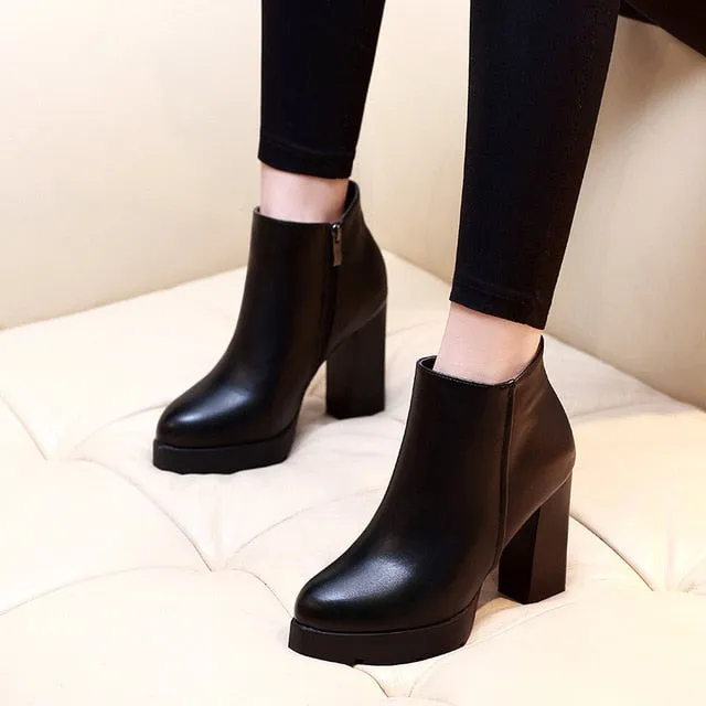 Genuine Leather Martin Black High Heels Zip-Up or Lace-Up