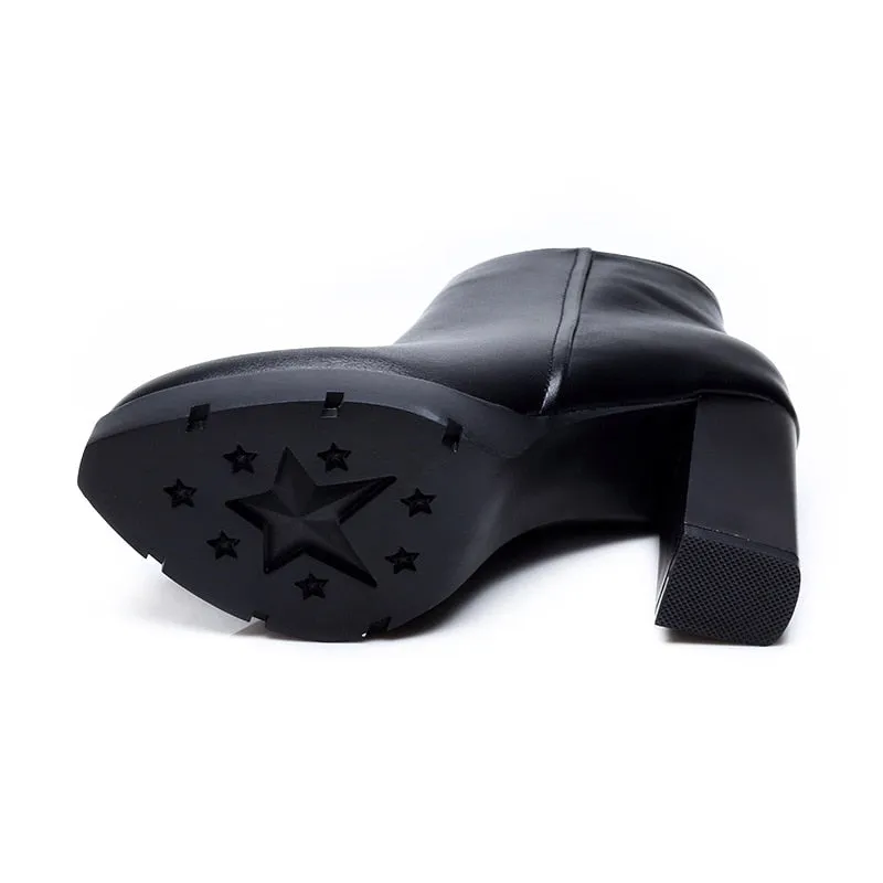 Genuine Leather Martin Black High Heels Zip-Up or Lace-Up