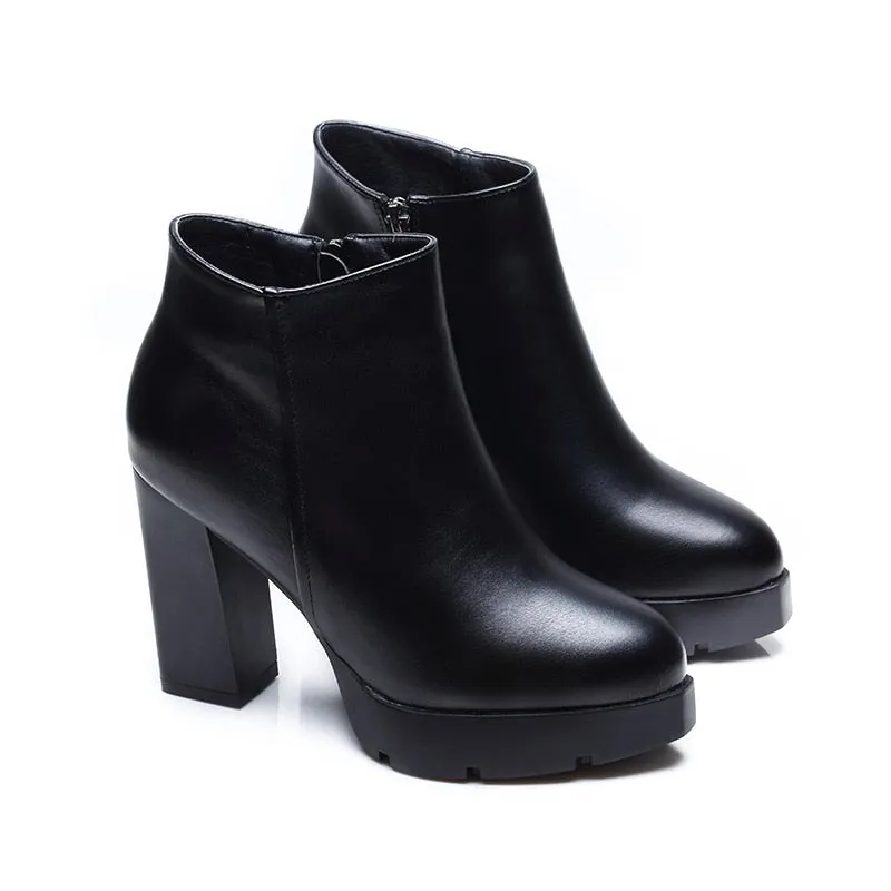 Genuine Leather Martin Black High Heels Zip-Up or Lace-Up