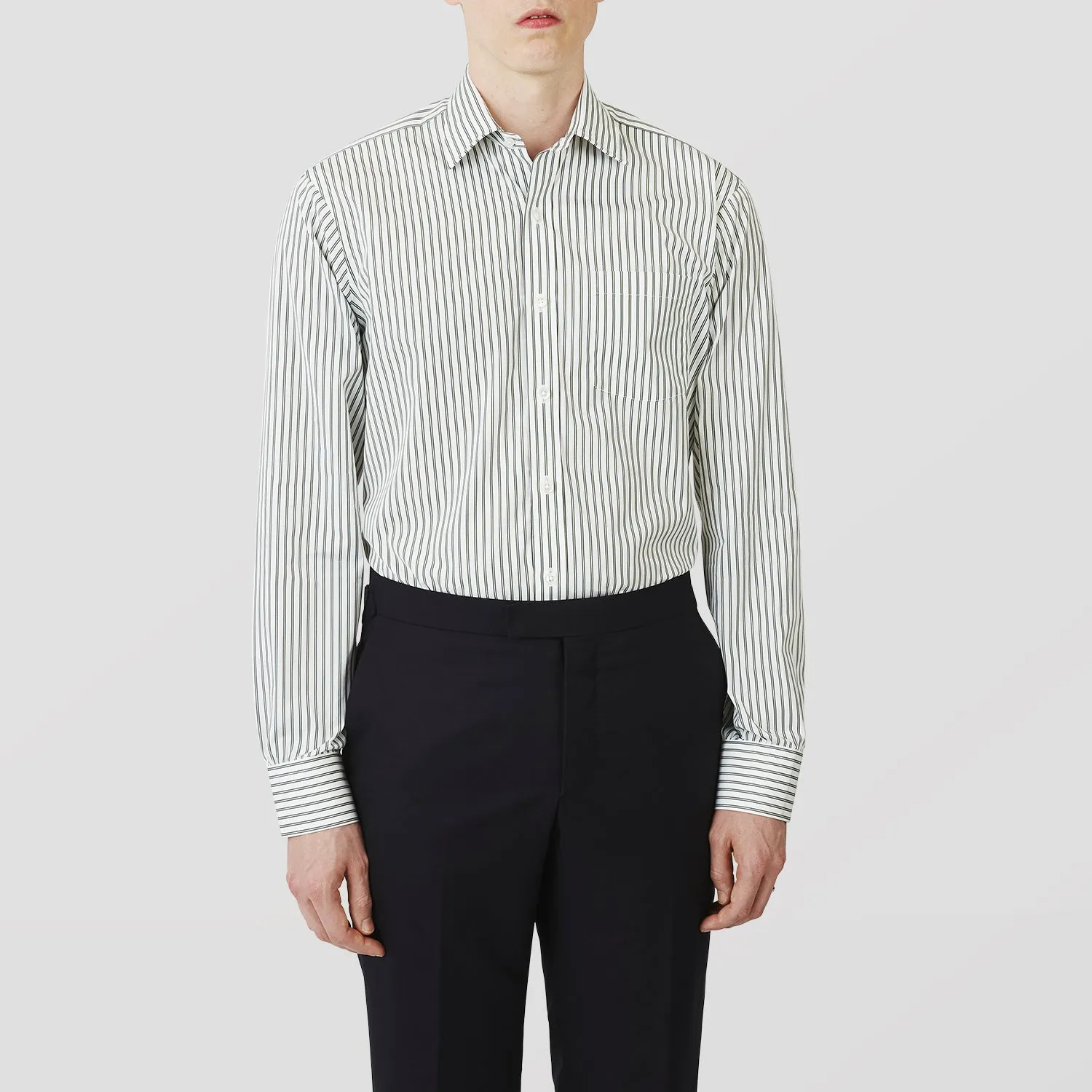 Green Stripe Weekend Fit Shirt with Derby Collar and 1-Button Cuffs