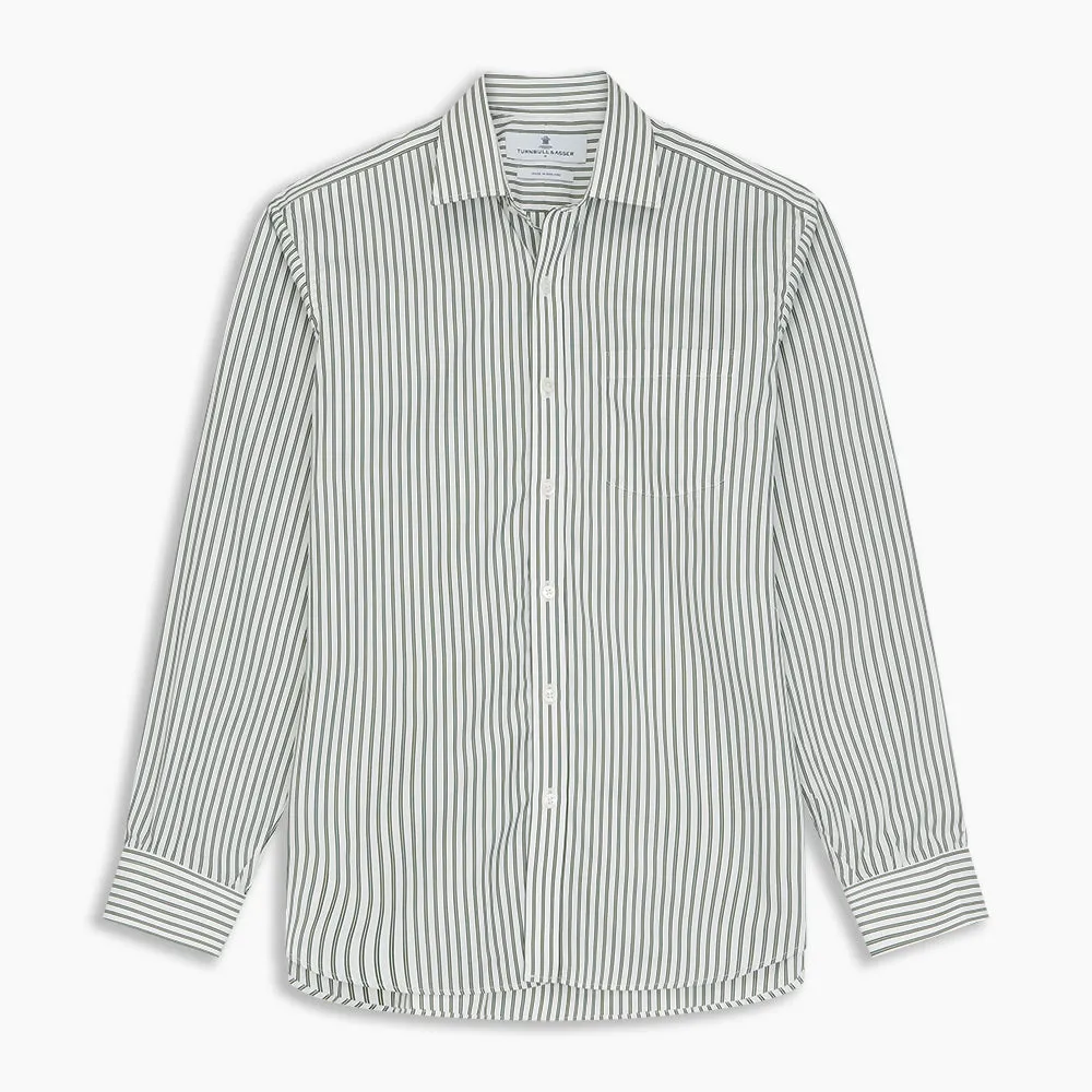 Green Stripe Weekend Fit Shirt with Derby Collar and 1-Button Cuffs