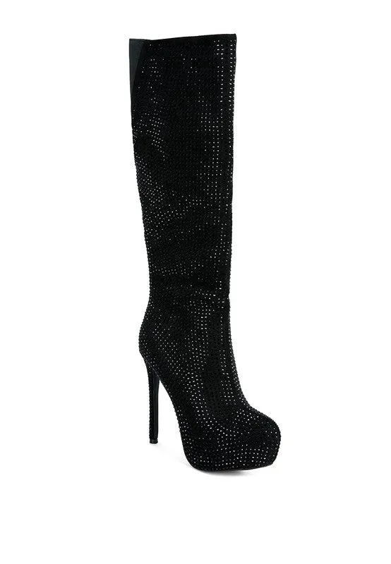 Grey Rhinestone Embellished Stiletto Calf Boots