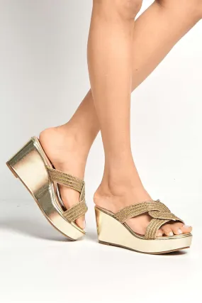 Hollie Diamante Embellished Wedge Mules in Gold
