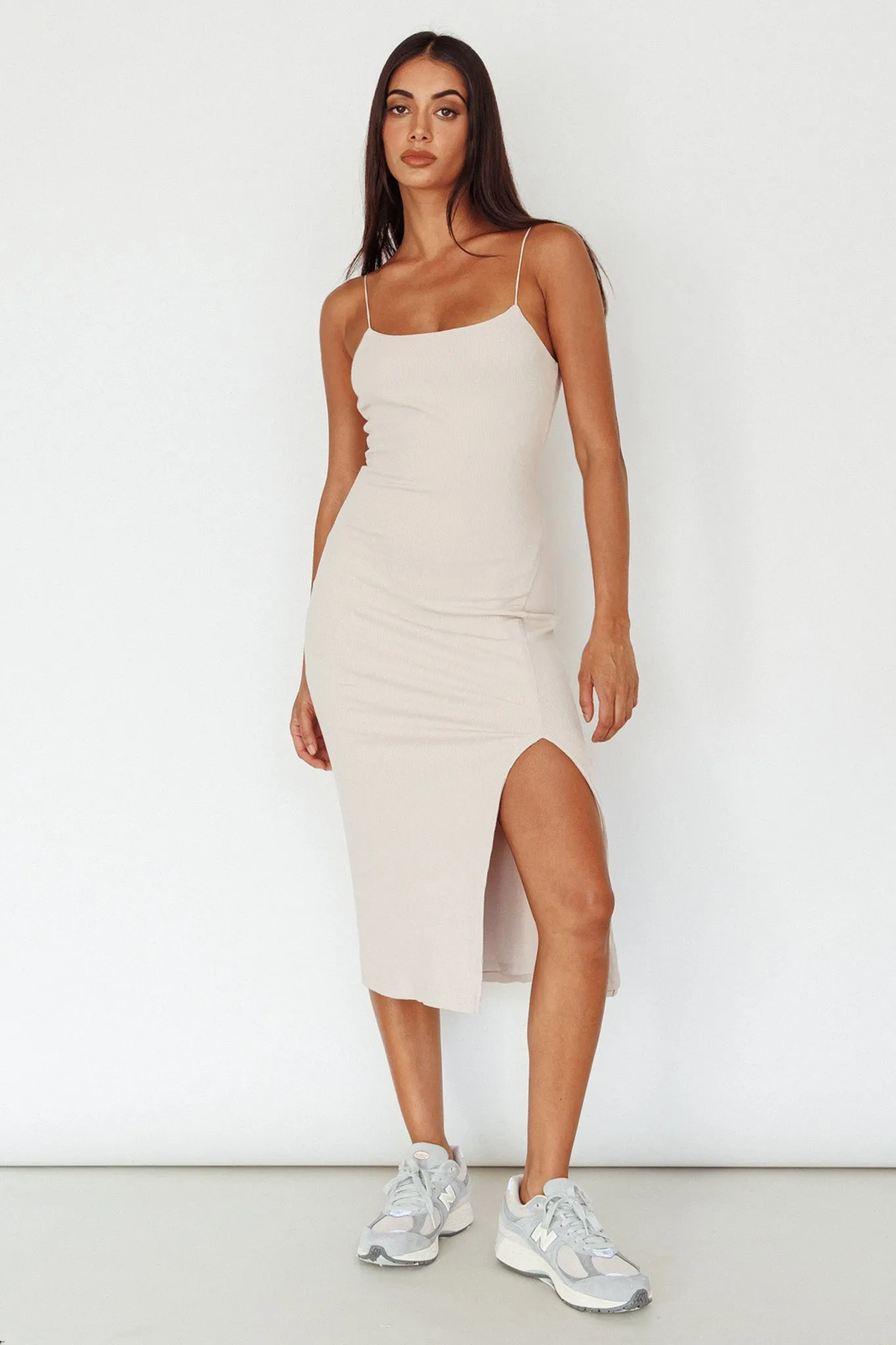 In My Element Split Midi Dress Oatmeal
