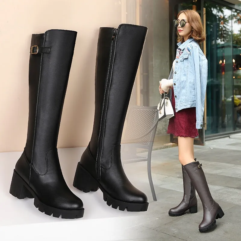 Knee High Textured Boots with Thick and Ergonomic Heels