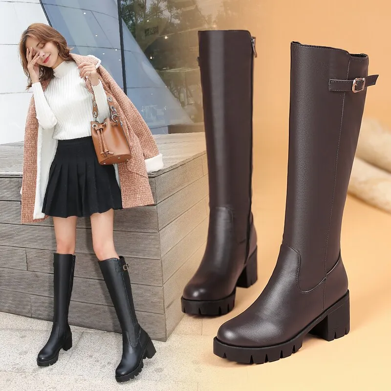 Knee High Textured Boots with Thick and Ergonomic Heels