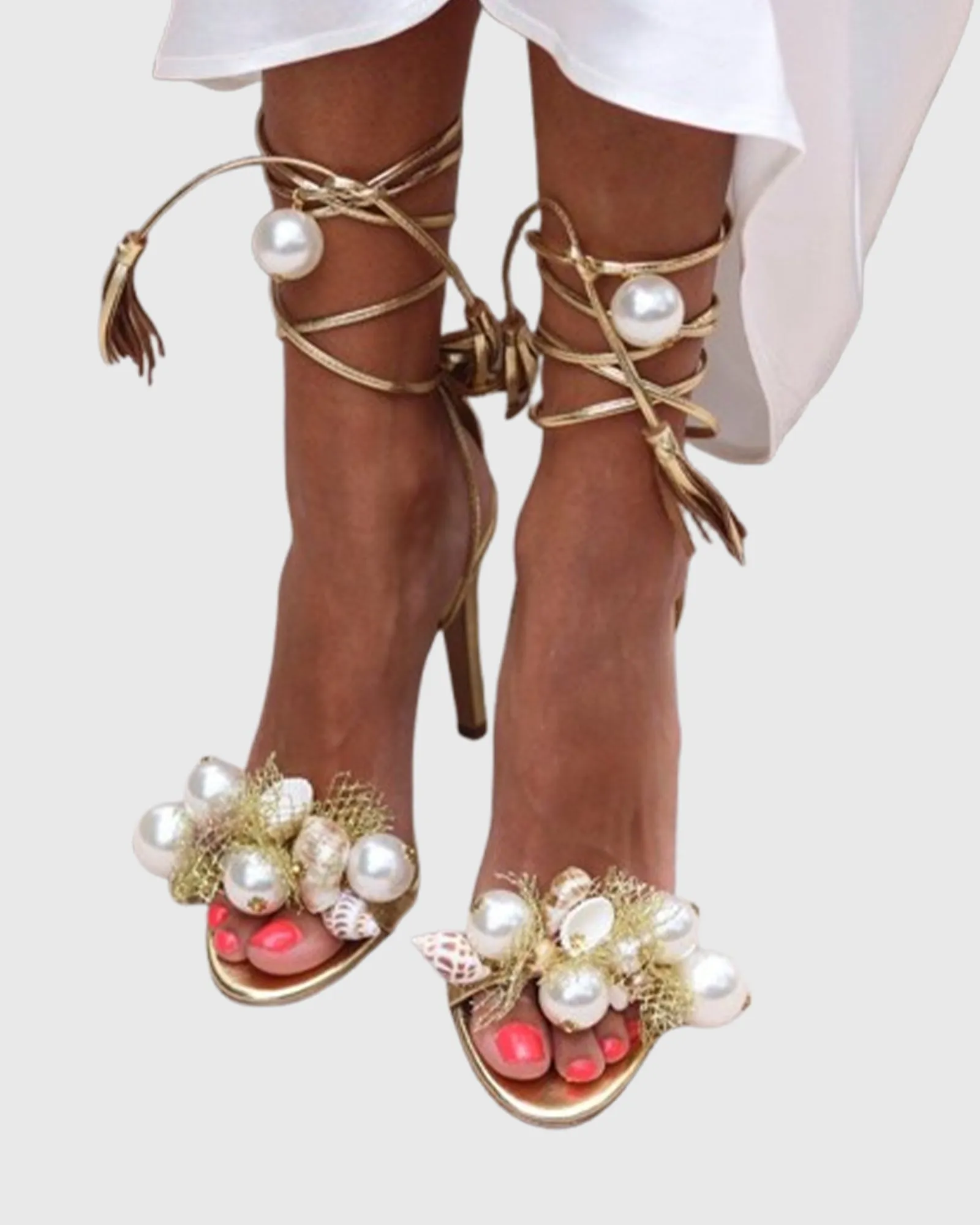 Melania Pearl Fringe Lace up Sandals