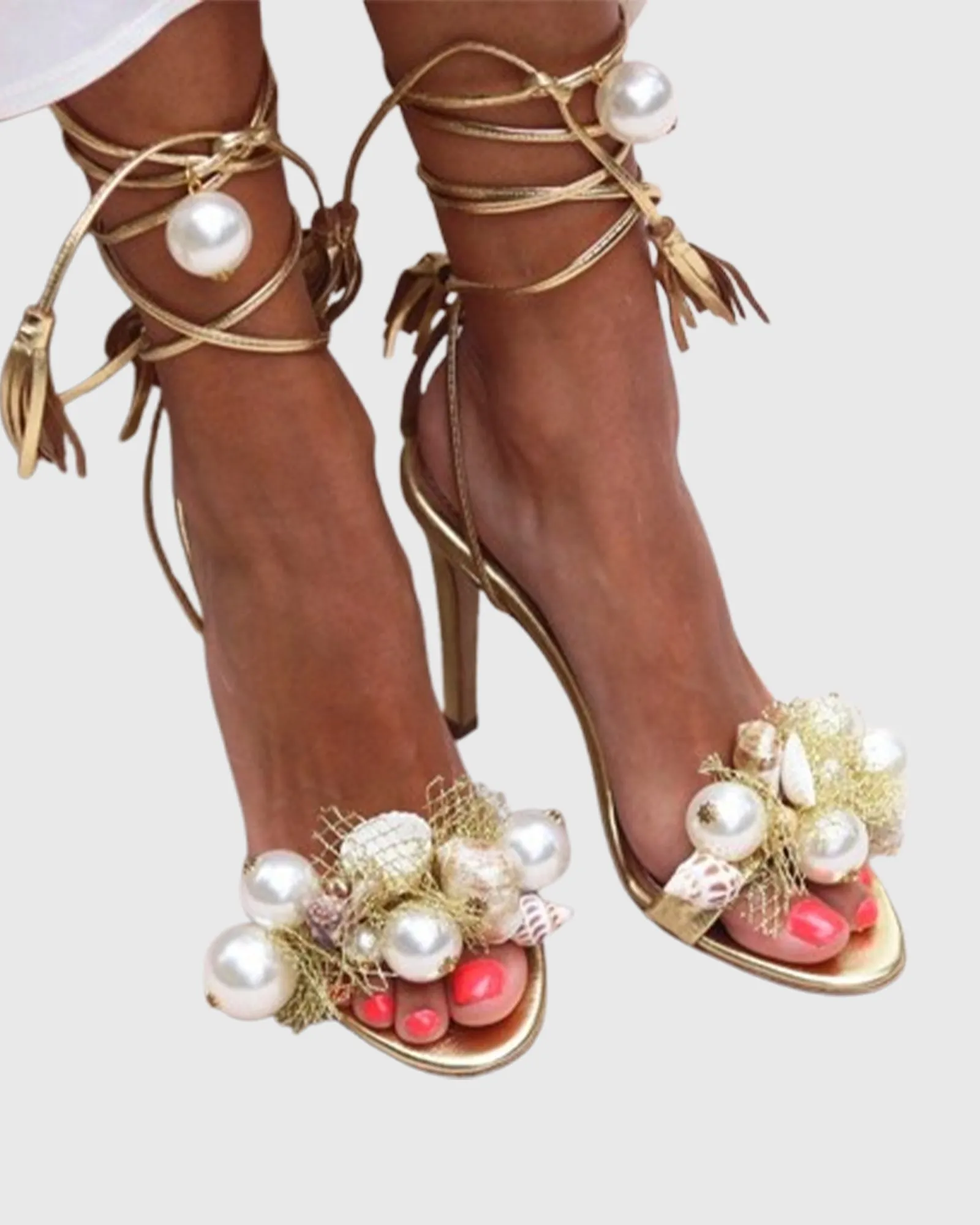 Melania Pearl Fringe Lace up Sandals