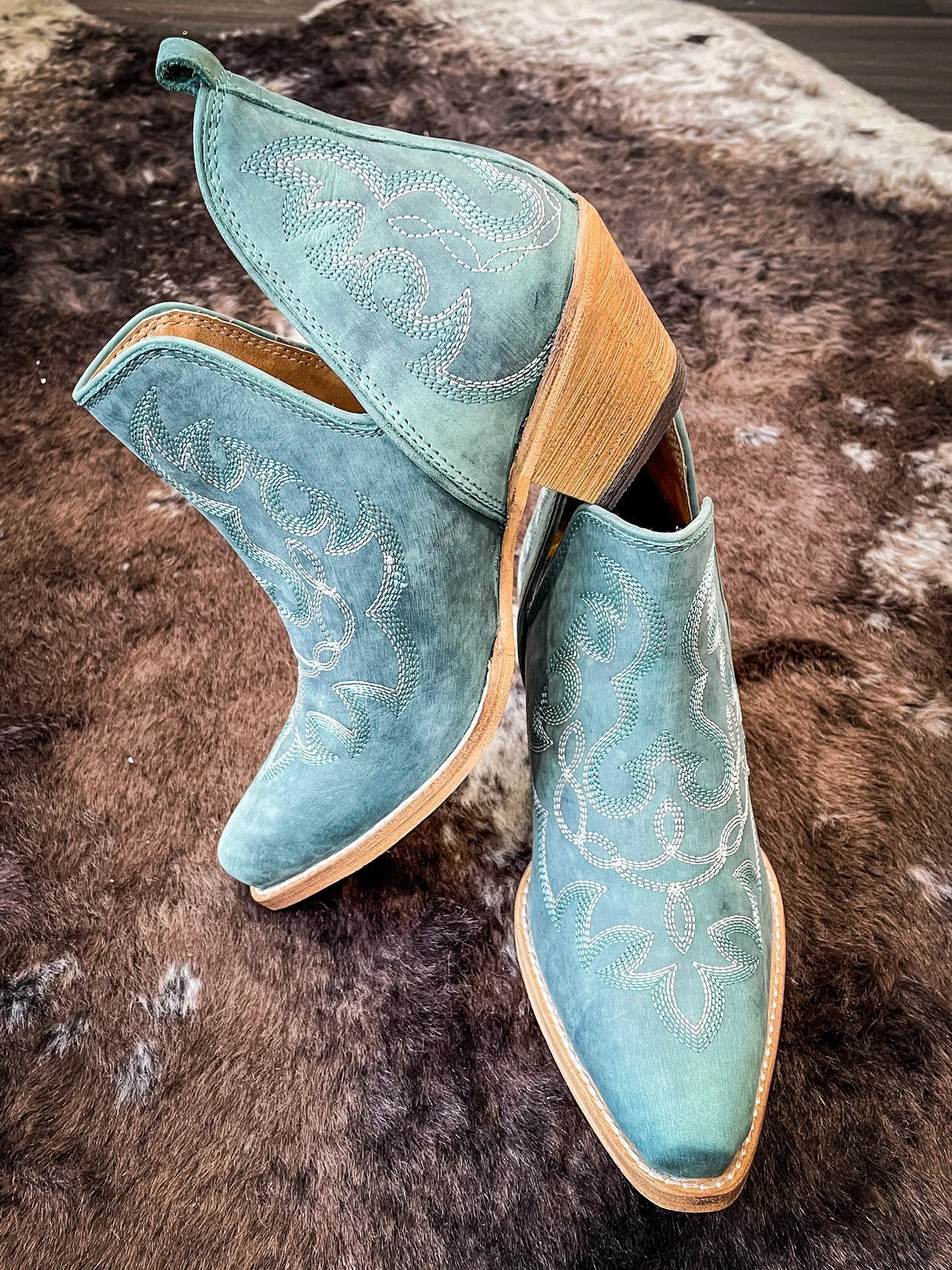 Myra Bag - Maisie Stitched Leather Booties in Turquoise