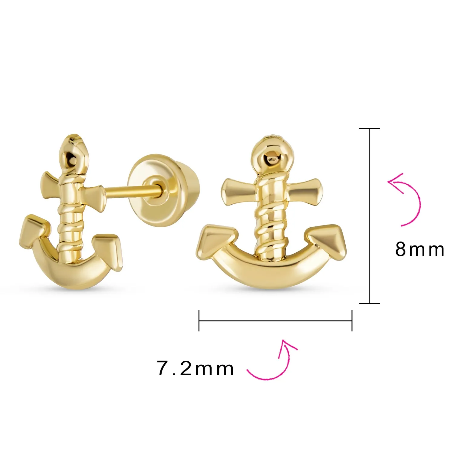 Petite Nautical Anchor Stud Earrings in Genuine 14K Yellow Gold for Beach Vacations