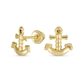 Petite Nautical Anchor Stud Earrings in Genuine 14K Yellow Gold for Beach Vacations
