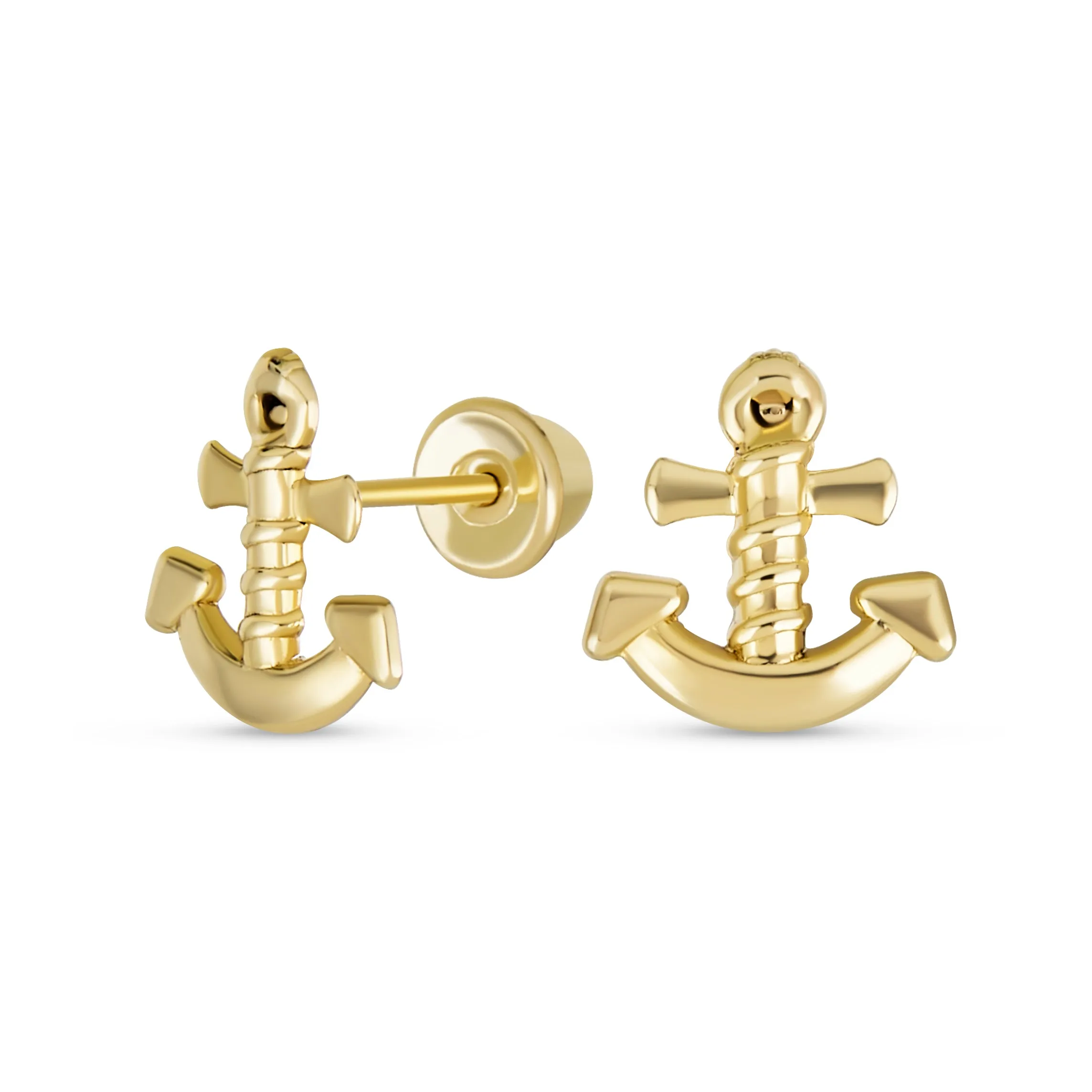 Petite Nautical Anchor Stud Earrings in Genuine 14K Yellow Gold for Beach Vacations