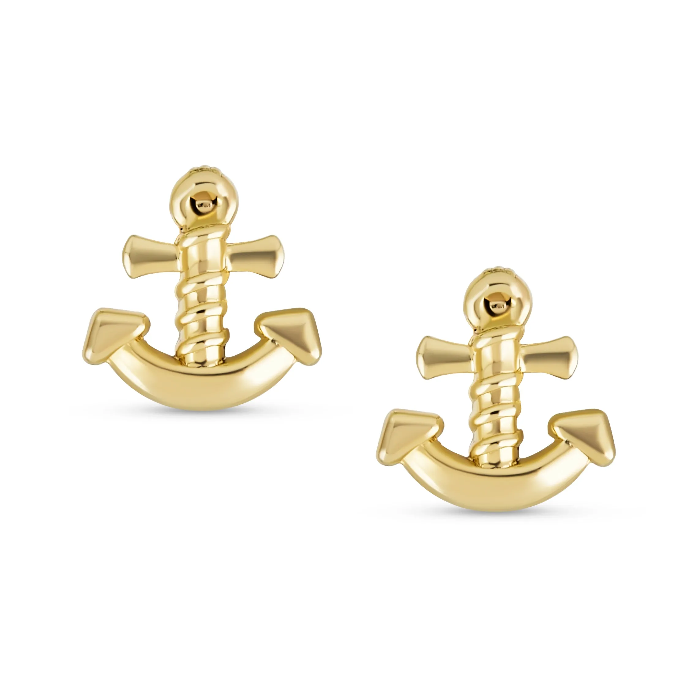 Petite Nautical Anchor Stud Earrings in Genuine 14K Yellow Gold for Beach Vacations