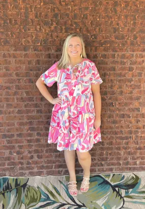 Pink Abstract Geometric Print Tassel Tie Flared Dress