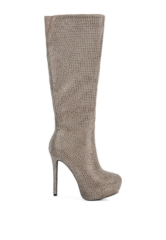 Red Rhinestone Embellished Stiletto Calf Boots