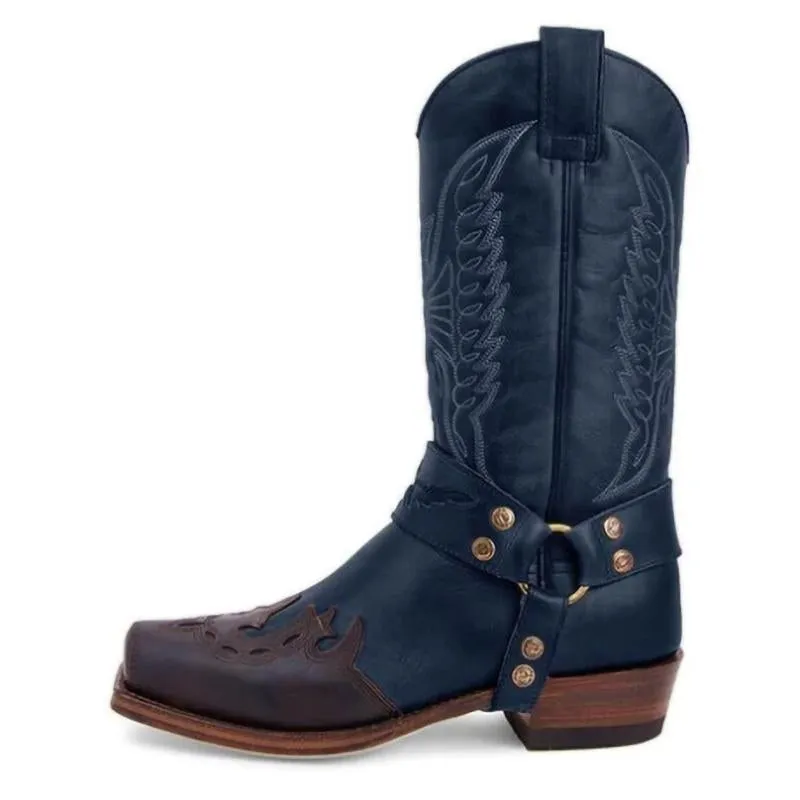 Retro mid calf cowboy boots square toe western boots