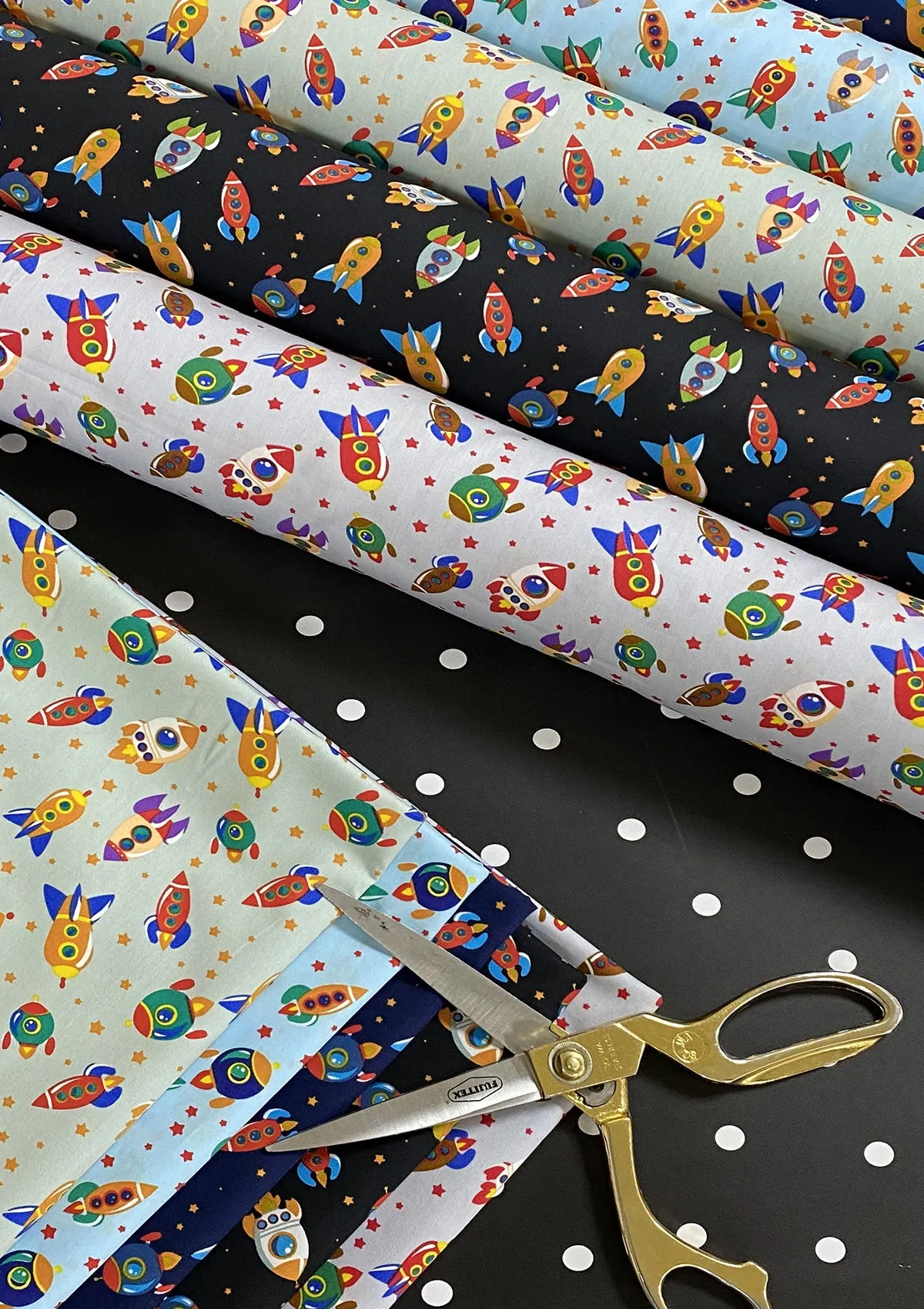Rockets Spaceships Print Cotton Fabric 45" Wide Poplin Space Theme Dress D#141 (Navy)