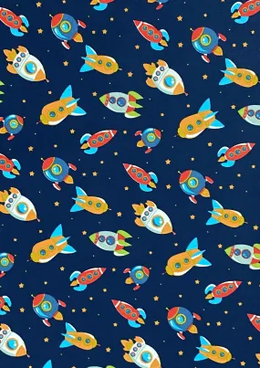 Rockets Spaceships Print Cotton Fabric 45" Wide Poplin Space Theme Dress D#141 (Navy)