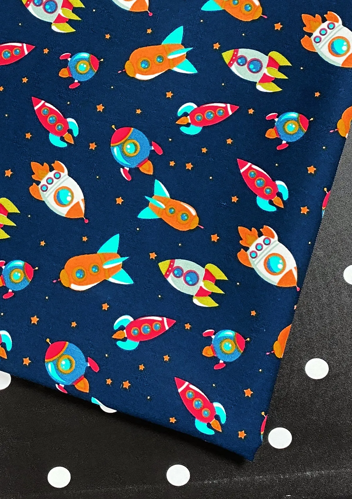 Rockets Spaceships Print Cotton Fabric 45" Wide Poplin Space Theme Dress D#141 (Navy)
