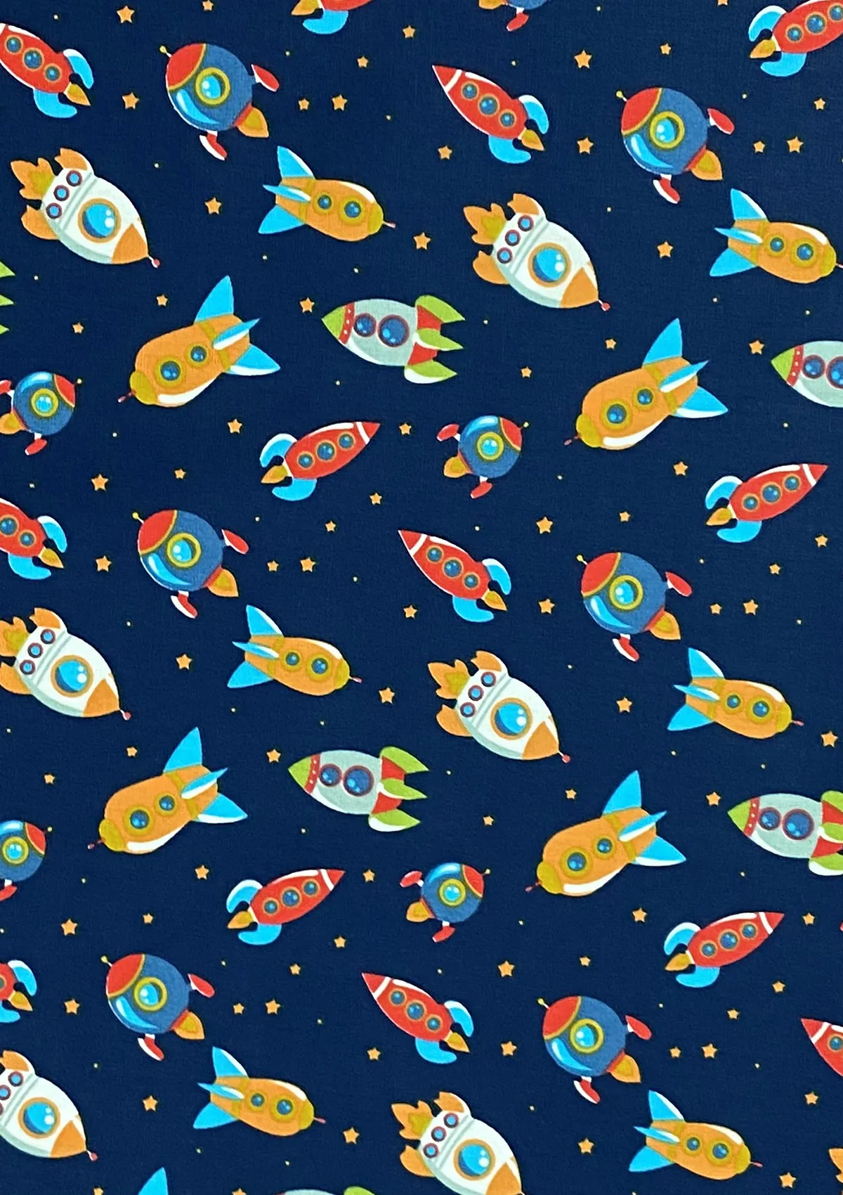 Rockets Spaceships Print Cotton Fabric 45" Wide Poplin Space Theme Dress D#141 (Navy)