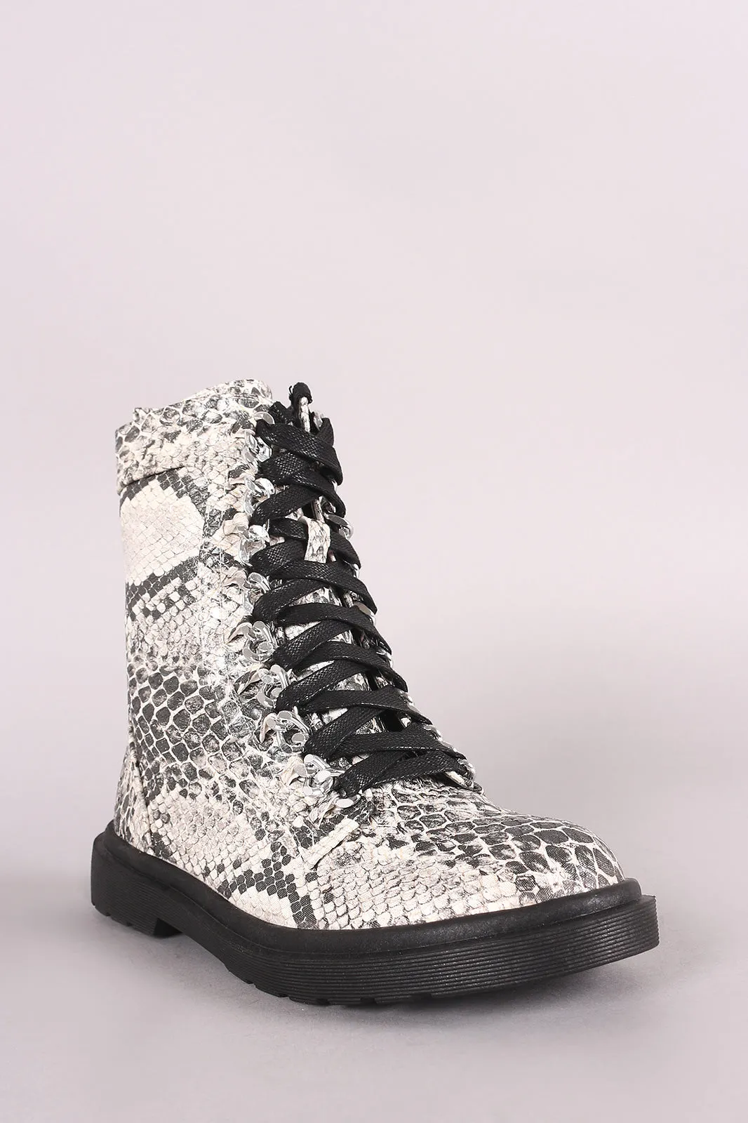 Snakeskin Chained Lace-Up Combat Ankle Boots