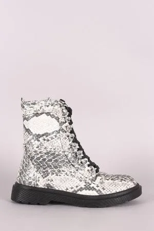 Snakeskin Chained Lace-Up Combat Ankle Boots