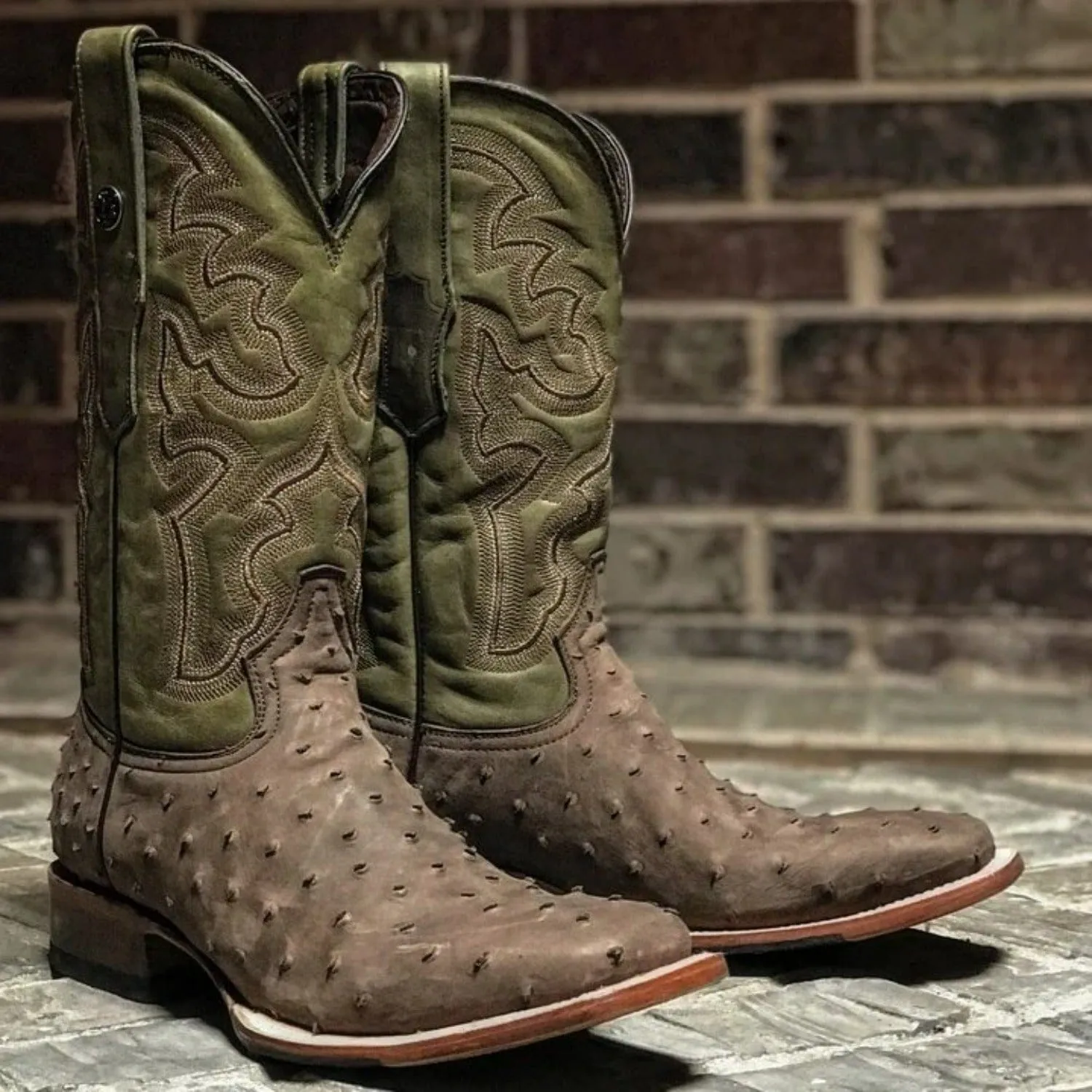 Tanner Mark Men's Print Ostrich Square Toe Boots Suede Brown  TM207025