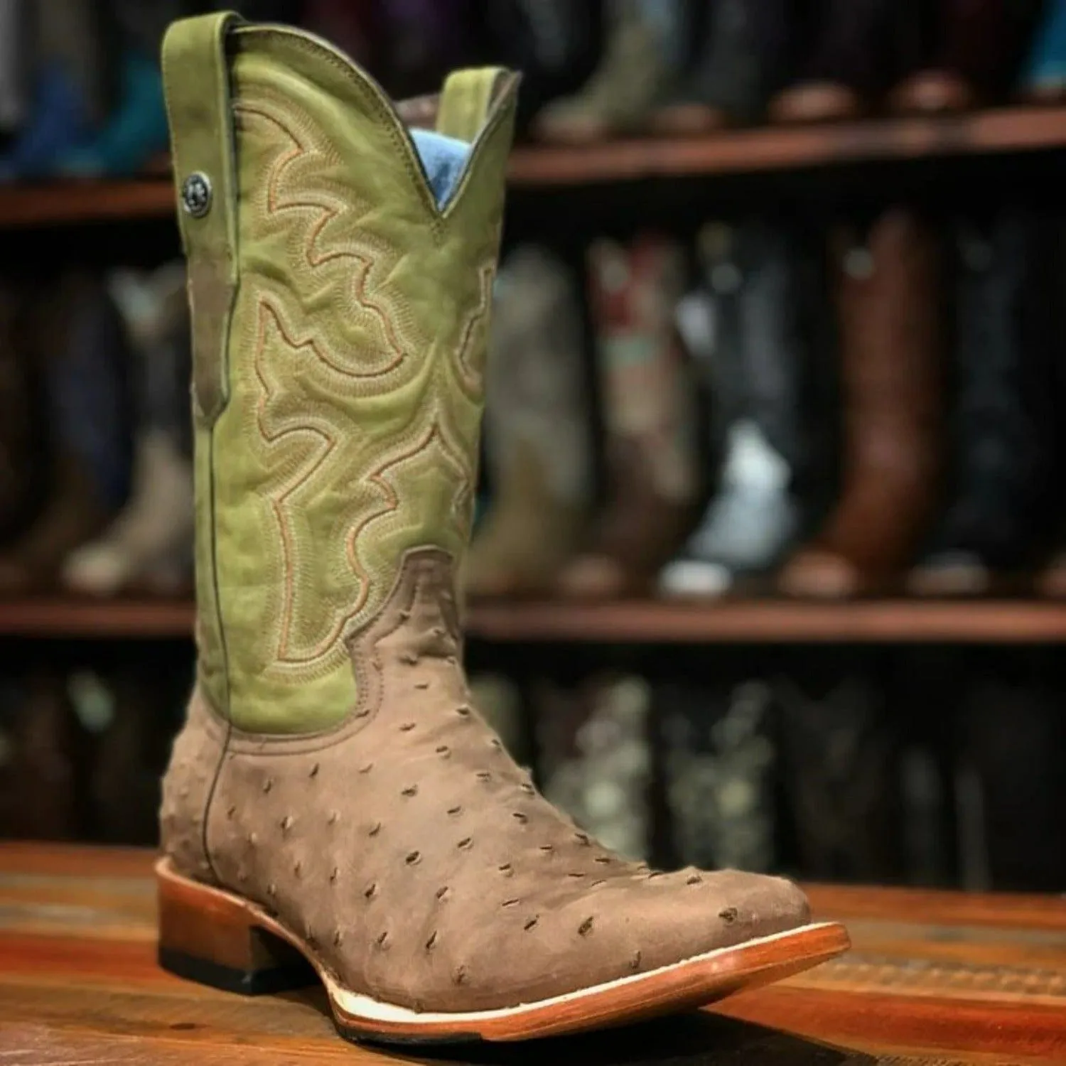 Tanner Mark Men's Print Ostrich Square Toe Boots Suede Brown  TM207025
