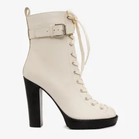 The Estrada Cream Leather Lace-Up Platform Heel Mid Calf Women Boot