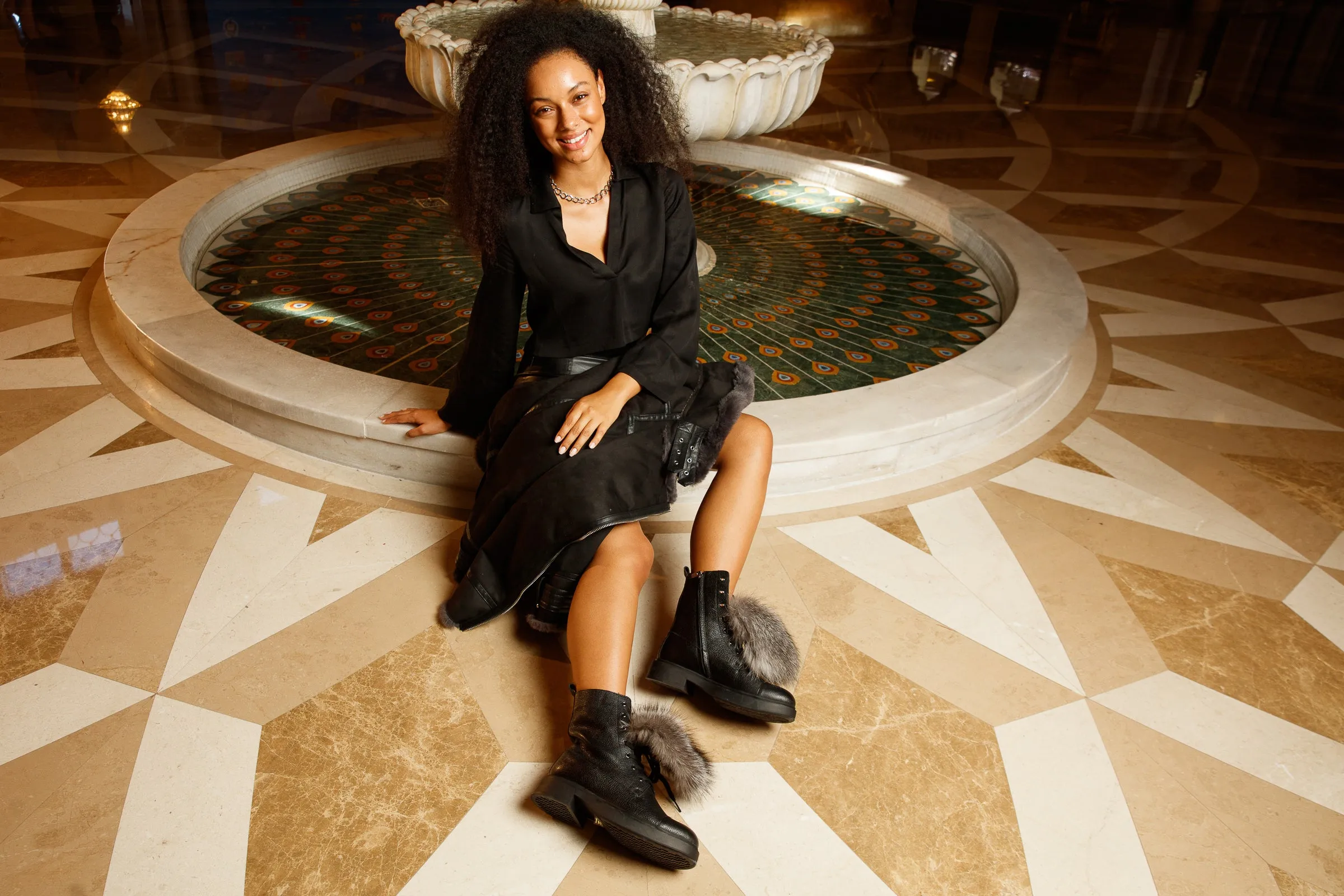 The Kajapati Black Leather Natural Fur Mid Calf Women Boot