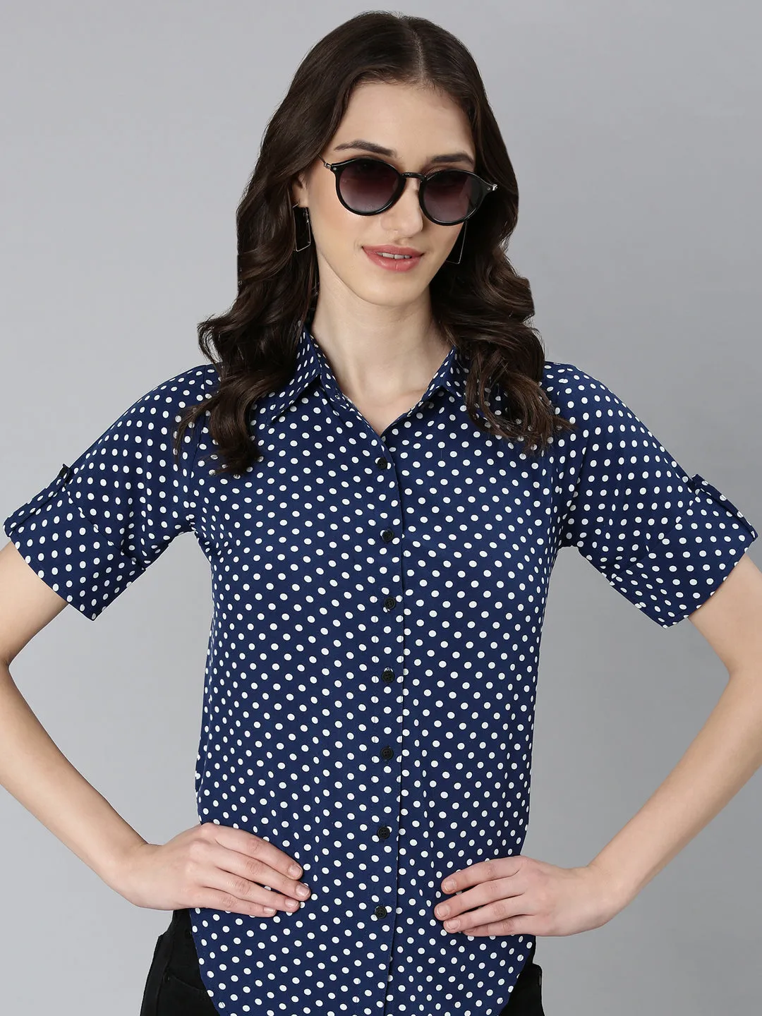 Women Navy Blue Polka Dots Shirt
