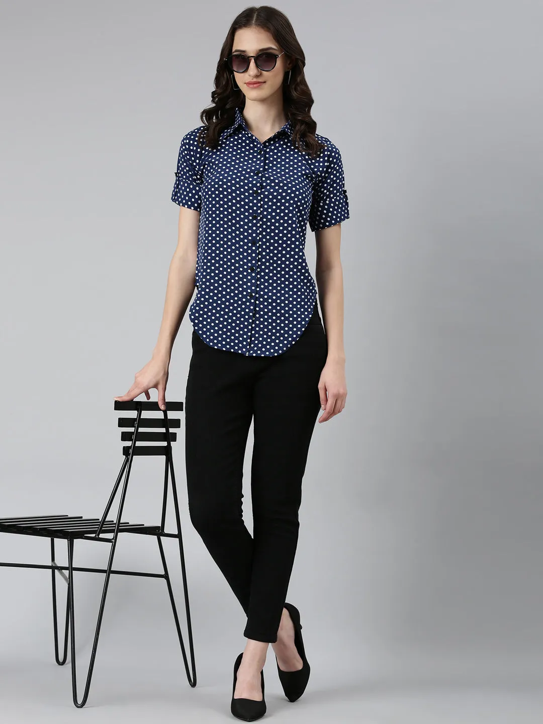 Women Navy Blue Polka Dots Shirt