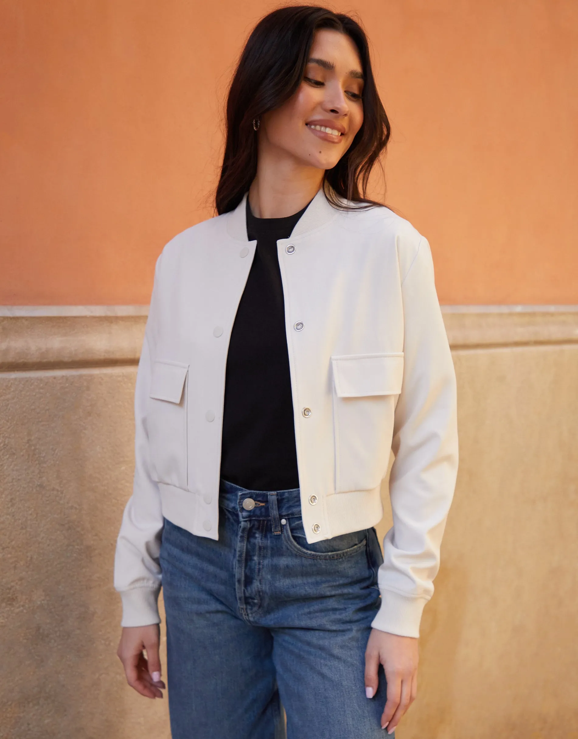 Women's Ecru Patch Pocket Bomber Jacket