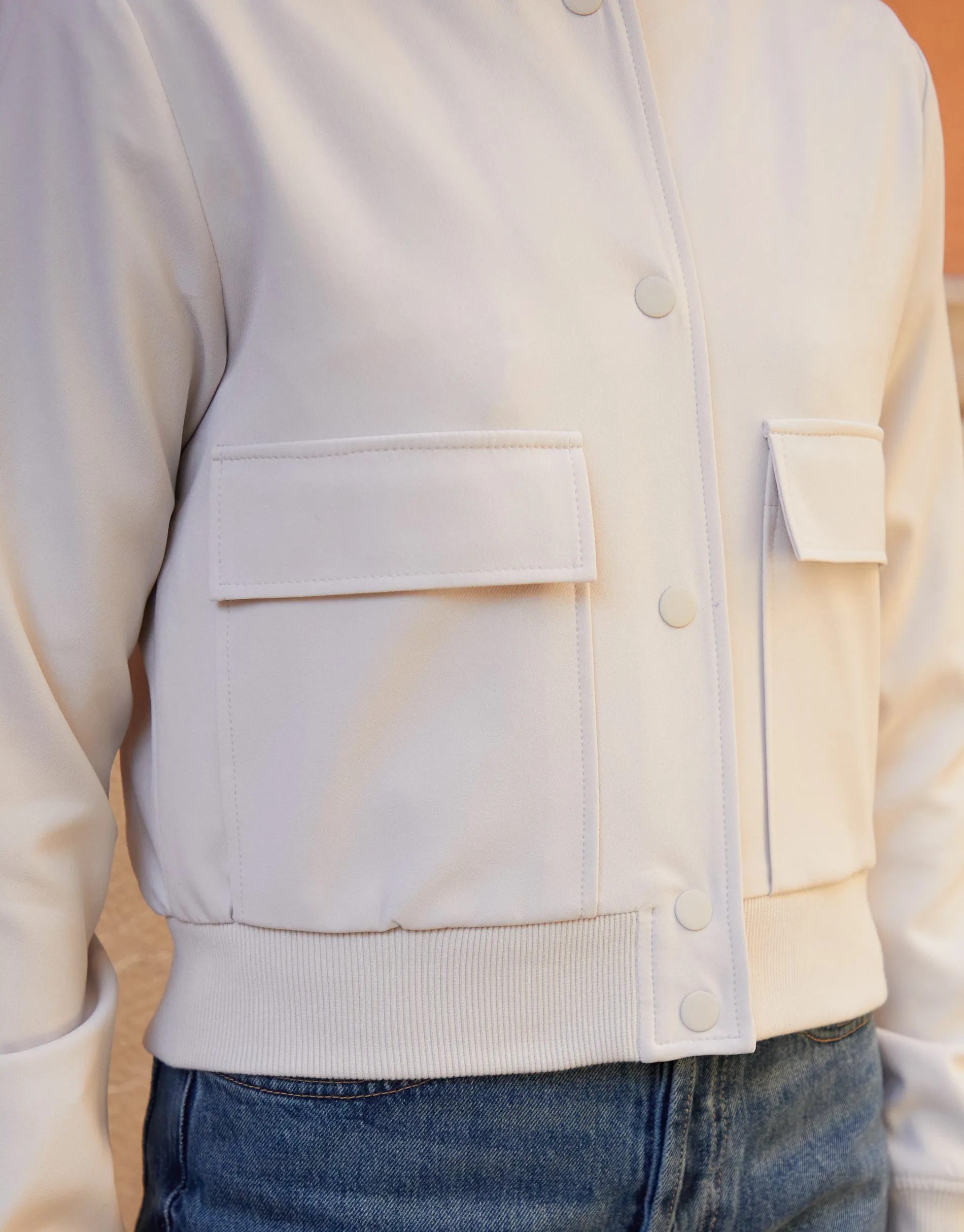 Women's Ecru Patch Pocket Bomber Jacket