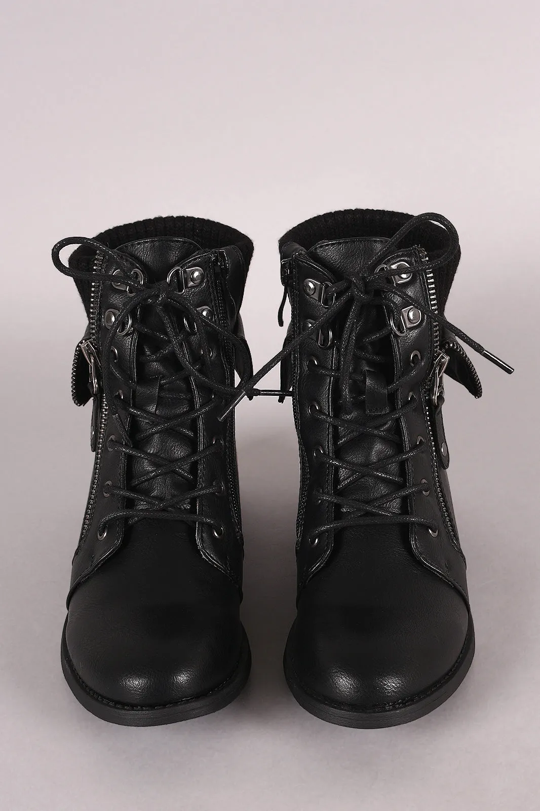 Zipper Accent Sweater Cuff Lace-Up Combat Booties