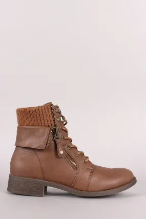 Zipper Accent Sweater Cuff Lace-Up Combat Booties