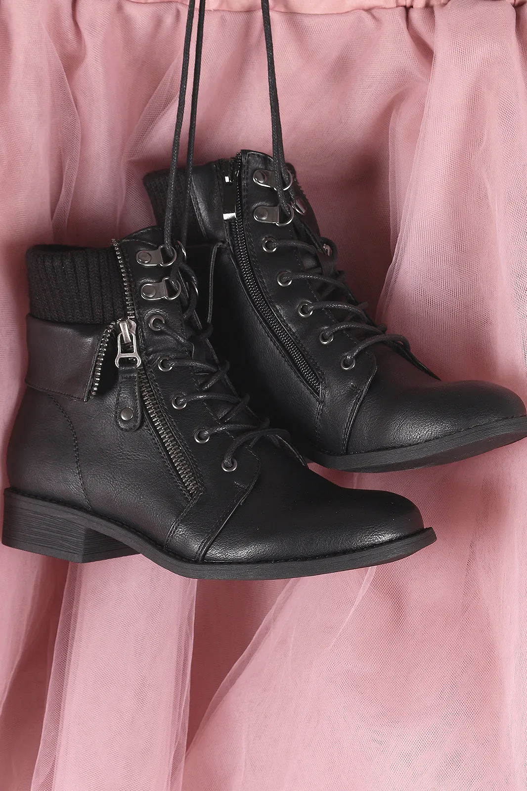 Zipper Accent Sweater Cuff Lace-Up Combat Booties