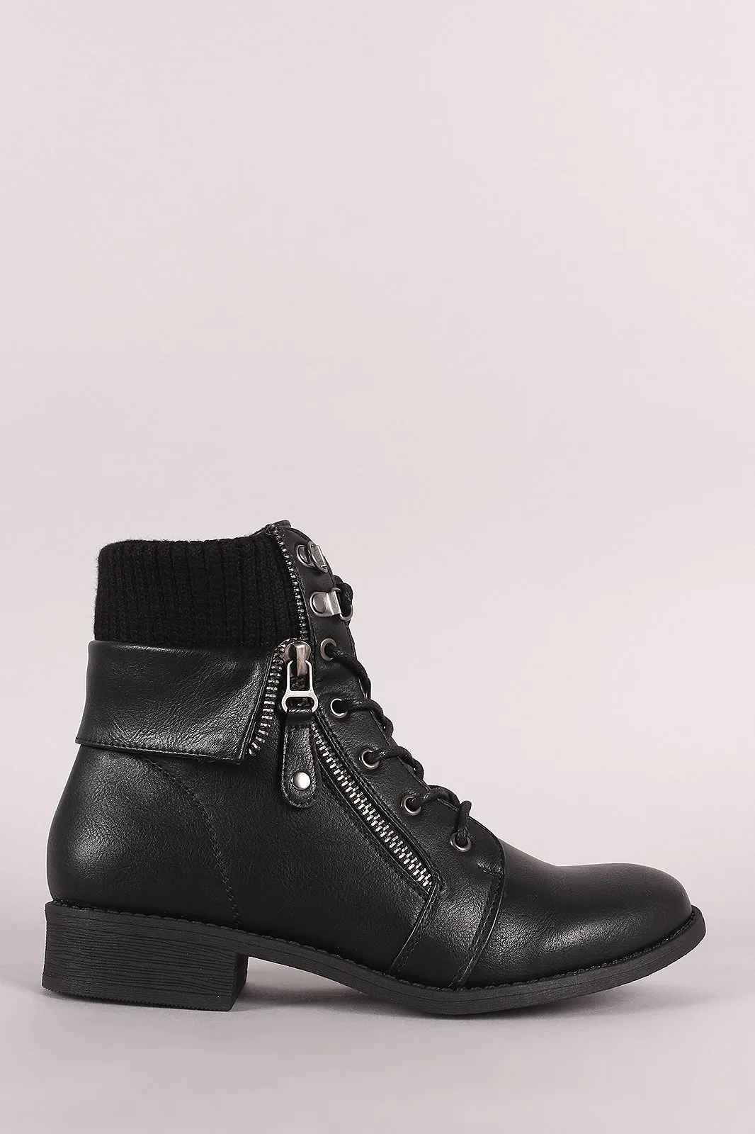 Zipper Accent Sweater Cuff Lace-Up Combat Booties