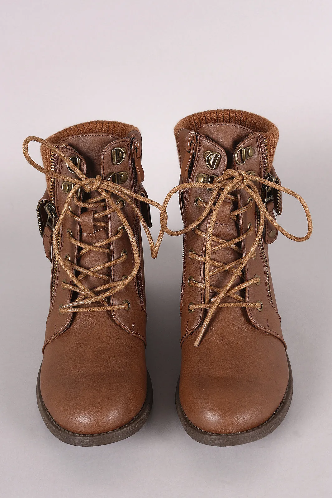 Zipper Accent Sweater Cuff Lace-Up Combat Booties