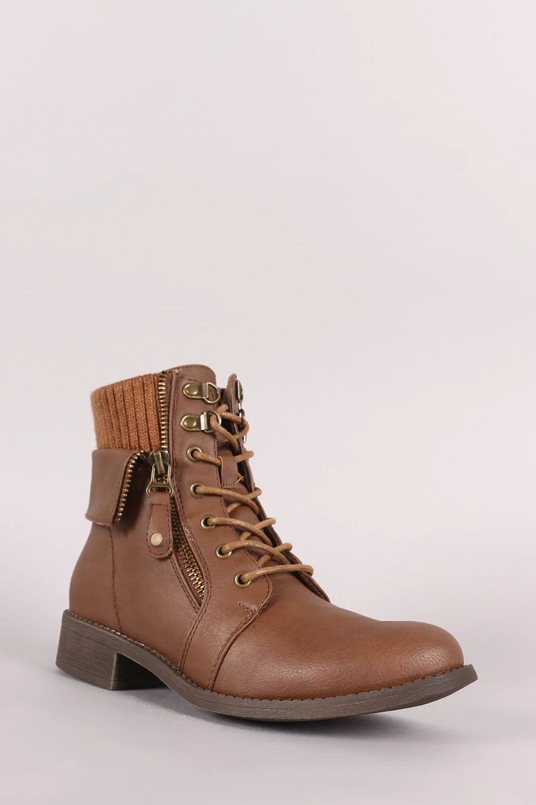Zipper Accent Sweater Cuff Lace-Up Combat Booties